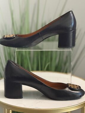 Tory Burch Black Women's Block Heel Leather Pumps with Gold Accent